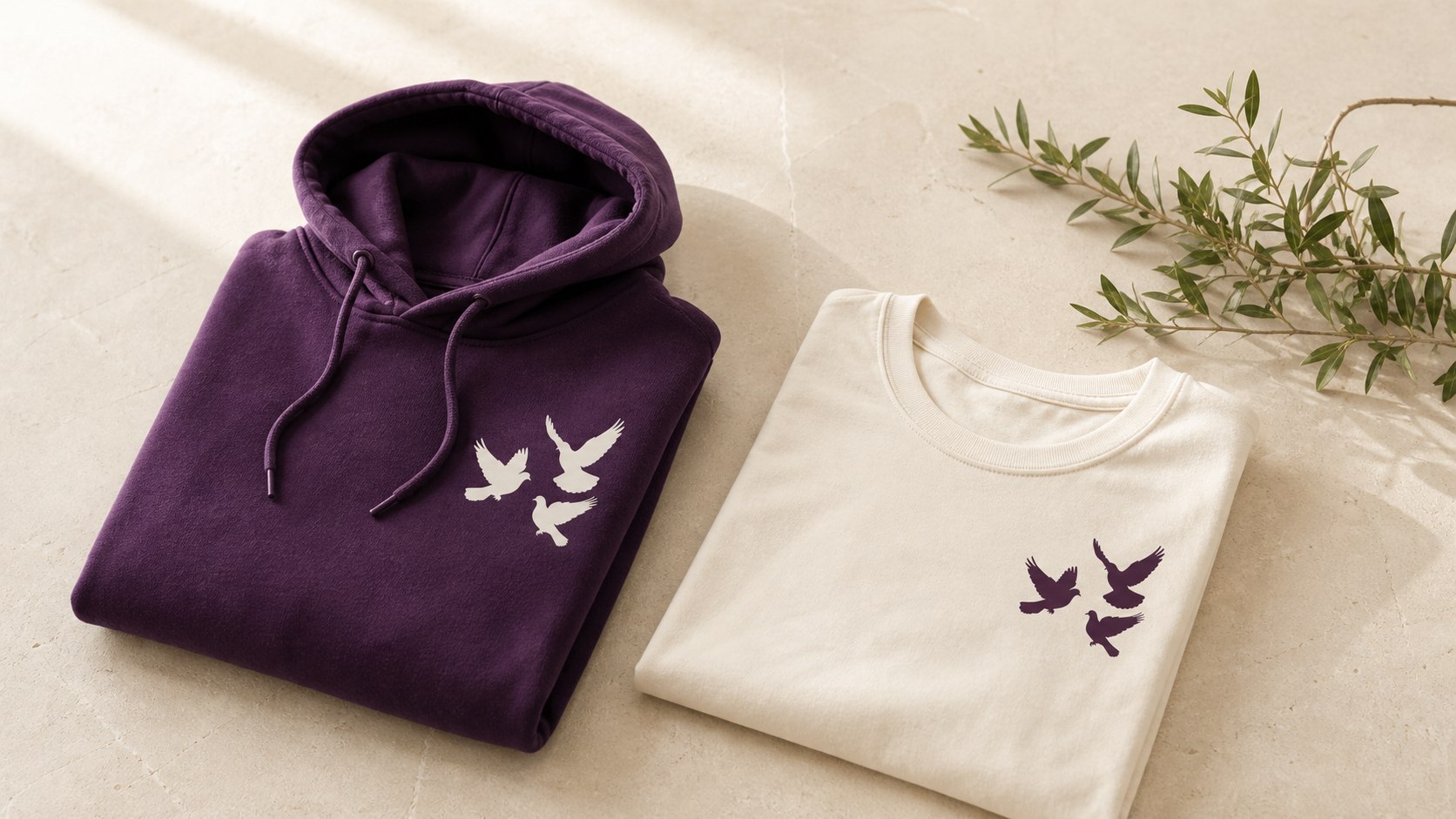 Concept image of a cream community shirt and deep purple recovery hoodie